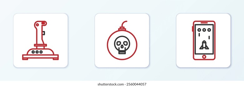 Set line Mobile and playing in game, Joystick for arcade machine and Bomb ready to explode icon. Vector