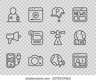 Set line Mobile recording, Information, War journalist, Photo camera, Journalist news, World and Live report icon. Vector