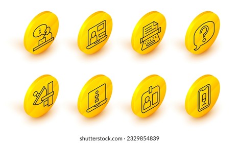 Set line Mobile recording, Journalist id card, Information, Radar, Speech bubble chat, Retro typewriter, World news and Television report icon. Vector