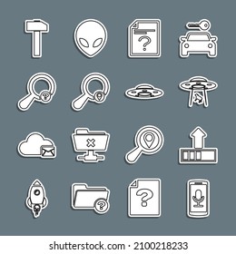Set line Mobile recording, Loading, UFO abducts cow, Unknown document, Search location, search, Hammer and flying spaceship icon. Vector