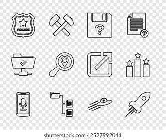 Set line Mobile recording, Rocket ship with fire, Unknown document, Folder tree, Police badge, Search location, UFO flying spaceship and alien and Ranking star icon. Vector