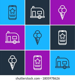 Set line Mobile with review rating, Ice cream waffle cone and Rv Camping trailer icon. Vector