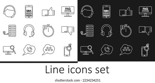 Set line Mobile service, Dislike, Hand thumb up, Headphones, Server, Man with headset, Stopwatch and Question Exclamation icon. Vector
