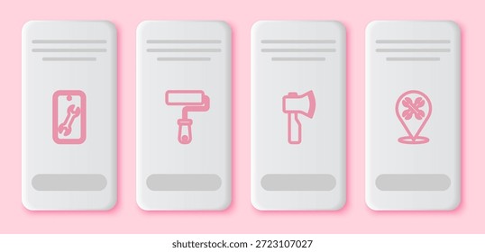 Set line Servicio móvil, Pincel de rodillos de pintura, Hacha de madera y Locación con llave. Botón rectángulo blanco. Vector