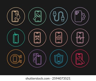 Set line Mobile service, Phone repair, USB cable cord, Dead mobile, Glass screen protector, Waterproof phone, with smart home and broken icon. Vector