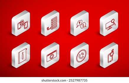 Set line Mobile service, Server, Question and Exclamation, Computer monitor diagnostics, Phone call, Chat messages mobile, Setting and User manual icon. Vector