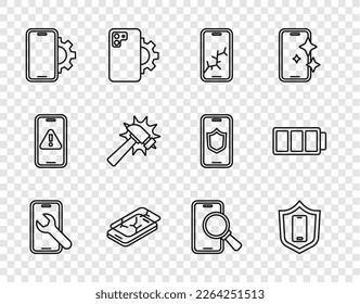 Set line Mobile service, with shield, broken screen, Phone repair, Hammer,  and Battery icon. Vector