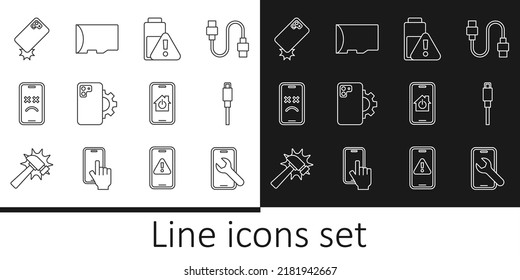 Set line Mobile service, USB cable cord, Smartphone battery charge, Phone repair, Dead mobile, Shockproof, with smart home and Micro SD memory card icon. Vector