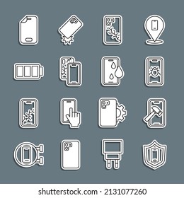 Set Line Mobile mit Schild, defektem Bildschirm, System-Bug auf dem Handy, Battery, Glas-Schutz und Wasser-sicheres Telefon-Symbol. Vektorgrafik