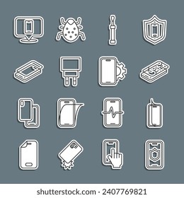 Set line Mobile with shield, Glass screen protector, broken, Screwdriver, Charger, Phone repair service and  icon. Vector