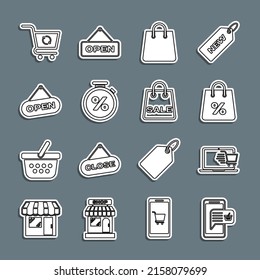 Set Line Mobile And Shopping Basket, Shopping Cart On Laptop, Bag With Percent, Handbag, Stopwatch, Hanging Sign Open Door, Refresh And Sale Icon. Vector