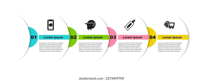 Set line Mobile und Einkaufskorb, Warenkorb mit Globus, Preisschild Neu und . Infografik-Vorlage für Unternehmen. Vektorgrafik