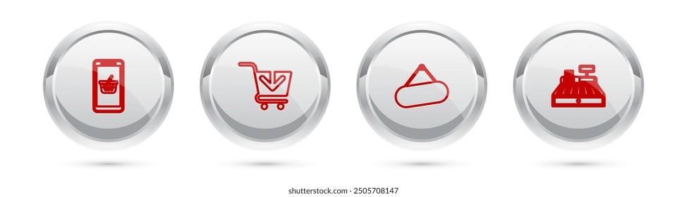 Set line Mobile and shopping basket, Add to Shopping cart, Signboard hanging and Cash register machine. Silver circle button. Vector