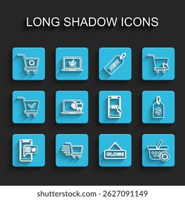 Set line Mobile and shopping basket, Shopping cart, Refresh, Hanging sign with Close, on laptop, Price tag dollar and  icon. Vector