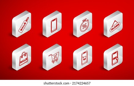 Set line Mobile and shopping cart, Smartphone, mobile phone, Stopwatch percent, Hanging sign with Close, Price tag Sale, Remove and Shopping bag icon. Vector