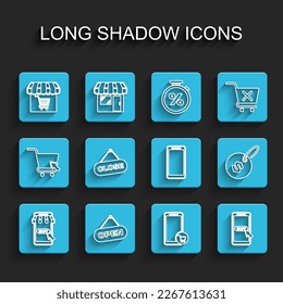 Set line Mobile and shopping cart, Hanging sign with Open door, Market store, Close, Price tag dollar and Smartphone, mobile phone icon. Vector