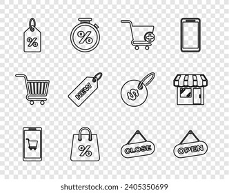 Set line Mobile and shopping cart, Hanging sign with Open door, Add to Shopping, bag percent, Discount tag, Price New, Close and Market store icon. Vector