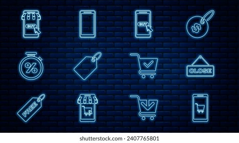 Set line Mobile and shopping cart, Hanging sign with Close, Label template price tag, Stopwatch percent, Shopping check mark and Smartphone, mobile phone icon. Vector