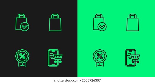 Set line Mobile with shopping cart, Discount percent tag, Paper bag and  icon. Vector