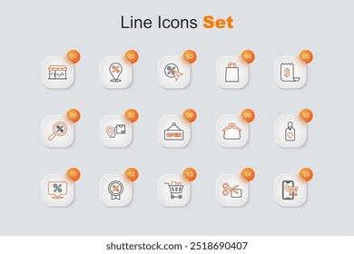 Set line Mobile with shopping cart, Scissors cuts discount coupon, Shopping and food, Discount percent tag, Heart, Wallet and Hanging sign text Open icon. Vector