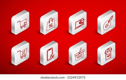 Set line Mobile and shopping cart, Shopping bag with percent, on laptop, Price tag dollar, basket, cursor,  and Remove icon. Vector