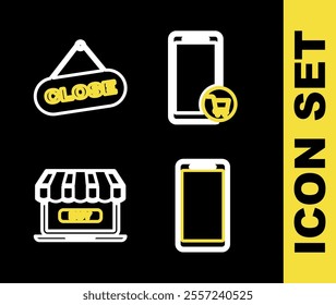 Set line Mobile and shopping cart, Smartphone, mobile phone, Online and Hanging sign with Close icon. Vector