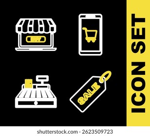 Set line Mobile and shopping cart, Price tag with Sale, Cash register machine and Online icon. Vector