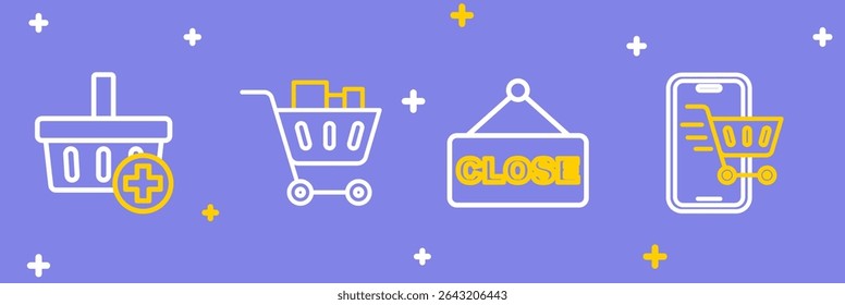 Set line Mobile with shopping cart, Hanging sign text Closed, Shopping and food and Add to basket icon. Vector