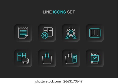 Set line Mobile shopping, Shopping list, Paper bag, Delivery cargo truck, Barcode, Stars rating, Cardboard box with discount and Wish template icon. Vector