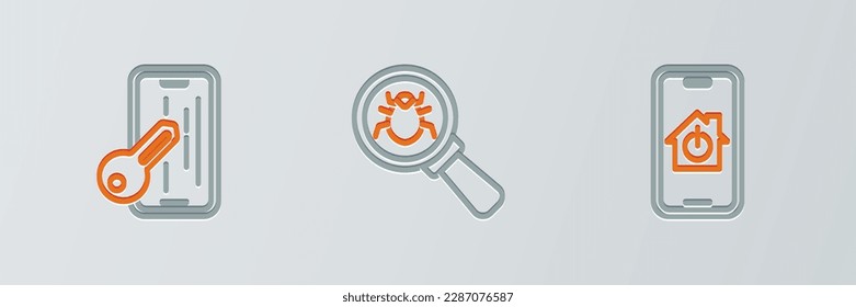 Establecer línea Mobile con el hogar inteligente, protector de pantalla de vidrio e icono de error del sistema. Vector