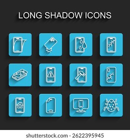Set line Mobile with smart home, Glass screen protector, Phone repair service, System bug, exclamation mark, broken and  icon. Vector