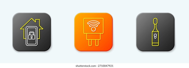 Fije la línea móvil con el hogar elegante, el enchufe eléctrico elegante y el icono eléctrico del cepillo de dientes. Vector