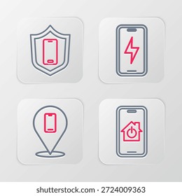 Set-Linie Mobile mit Smart Home, Telefon Reparatur-Service, Ladeakku und Schild-Symbol. Vektorgrafik