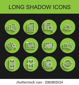 Set line Mobile stock trading, Financial growth, Document with graph chart, Graph infographic, Browser stocks market,  and Laptop icon. Vector