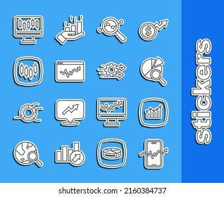 Set line Mobile stock trading, Financial growth, Search data analysis, Graph chart infographic, Browser with stocks market, Stocks graphs and Time management icon. Vector