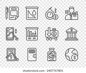 Set line Mobile stock trading, Global economic crisis, Money bomb dollar, Prison cell door, Contract money and pen, Pie chart infographic, Glass jar with coin and Bank building icon. Vector