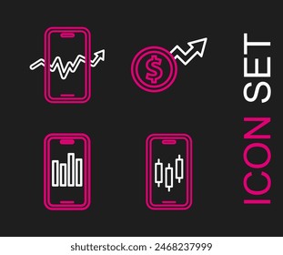 Set line Mobile stock trading, with graph, Financial growth dollar and  icon. Vector