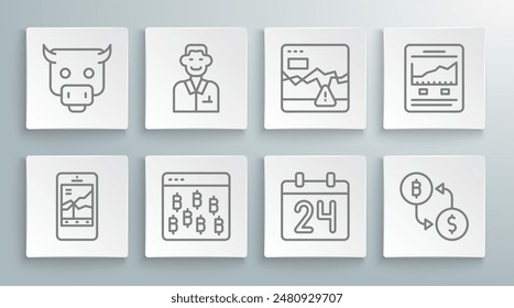 Set line Mobile stock trading, Trader, Bitcoin browser, Calendar, Cryptocurrency exchange, Failure stocks market, Website with growth graph and Bull icon. Vector