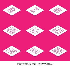 Set line Mobile stock trading, Old hourglass, Business finance report, Trading courses, Bear market, Website with growth graph,  and Sell button icon. Vector
