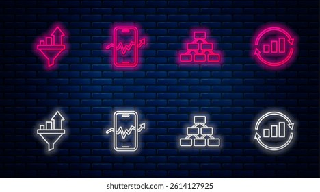 Set line Mobile stock trading, Hierarchy organogram, Sales funnel with chart and Graph infographic. Glowing neon icon on brick wall. Vector