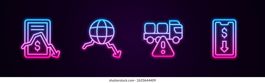 Set line Mobile stock trading, Global economic crisis, Stop delivery cargo truck and . Glowing neon icon. Vector