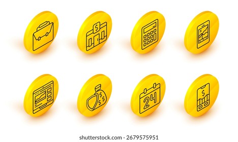 Establecer línea Comercio de acciones móviles, calendario, escudo y bolsa de dinero, cursos de comercio, calculadora, edificio del banco y el icono de maletín. Vector