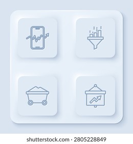 Set line Mobile stock trading, Sales funnel with chart, Coal mine trolley and Board graph. White square button. Vector