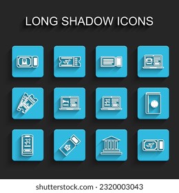 Set line Mobile with ticket, Airline, Train, Museum building, Online hotel booking, Cover travel guide and Laptop icon. Vector