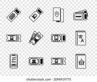Línea Móvil con boleto, guía de viajes de la portada, museo, boleto, bus y traductor icono. Vector