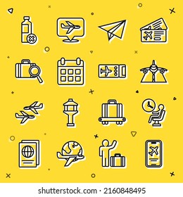 Set line Mobile with ticket, Human waiting in airport terminal, Plane, Paper airplane, Calendar and, Lost baggage, No water bottle and Airline icon. Vector