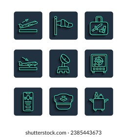 Set line Mobile with ticket, Pilot hat, Trolley for food, Suitcase, Radar, Plane landing, takeoff and targets on monitor icon. Vector