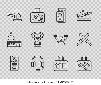 Set line Mobile with ticket, Suitcase, Passport, Headphones microphone, Helicopter, Router and wi-fi signal,  and Marshalling wands icon. Vector