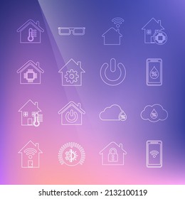 Set line Mobile with wi-fi wireless, Humidity, for smart home, Smart, settings, House temperature and Power button icon. Vector