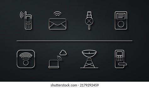 Set line Mobile with wi-fi wireless, Wi-Fi internet, Music player, Satellite dish, Network cloud connection, Mail and e-mail, Digital door lock and No usb cable cord icon. Vector